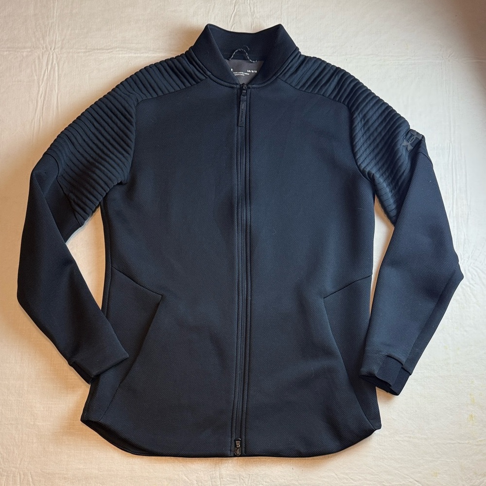 Under Armour Women's Black Move Bomber Jacket Textured Fabric Ribbed Shoulders L